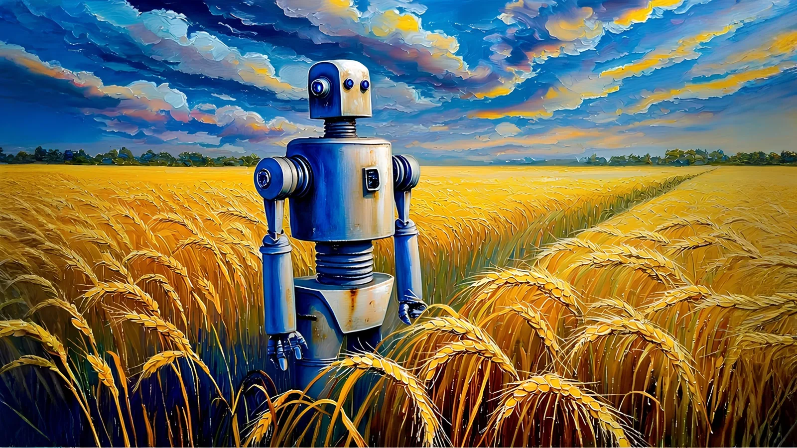 A lone machine standing in a wheat field where the people should be