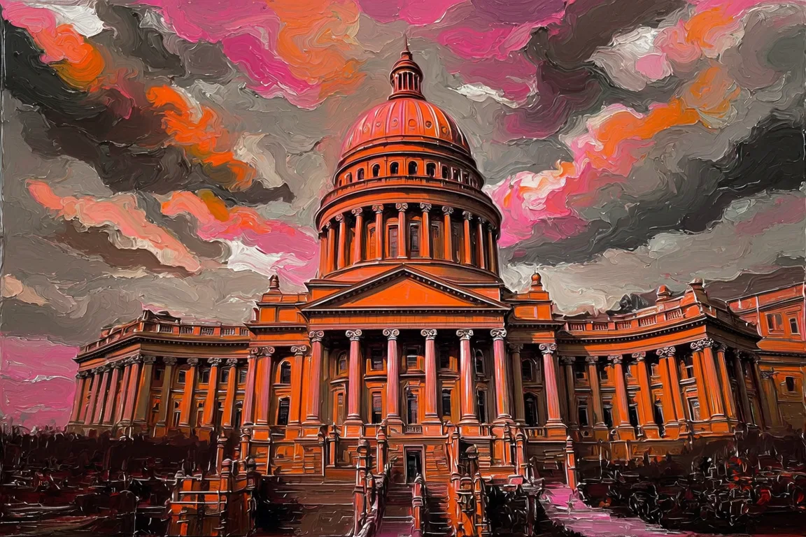 Abstract oil painting: warm amber — the moat between AI capital and democratic accountability